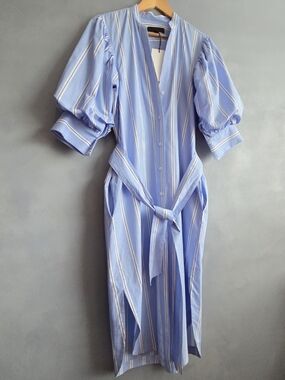 ZARA COLLECTION PINSTRIPE BLUE, WHITE MAXI 3/4 LENGTH SLEEVE DRESS SIZE XS US